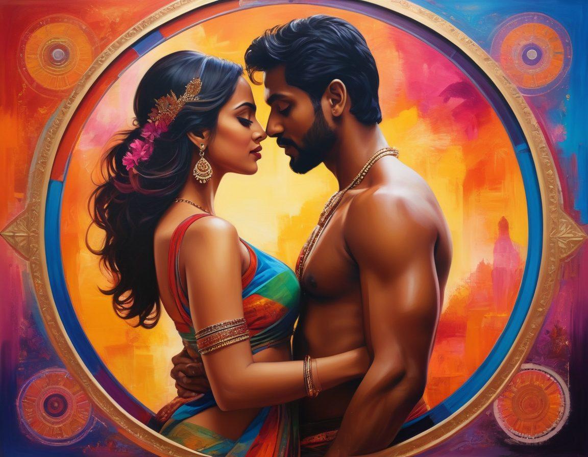 A kaleidoscope of vibrant Indian cultural elements blending seamlessly with tasteful erotic imagery: silhouettes of intimate moments, traditional Indian motifs, and colorful film reels. The background should subtly incorporate scenes from Bollywood. Painting. Vibrant colors. Abstract.