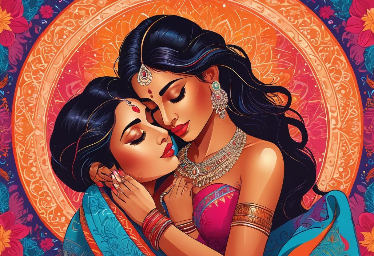 A rich and colorful fusion of traditional Indian art elements with a modern twist, featuring subtle erotic motifs. Envision an artwork that balances the culturally significant with the adult themes in an abstract yet tasteful manner – incorporating bright, vibrant hues and intricate patterns. Vector art. vibrant colors. abstract.